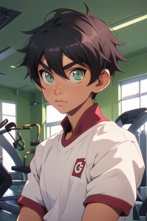 masterpiece, best quality, high quality, 1boy, solo, male focus, looking at viewer, upper body, <lora:jurai_andou:0.78>, jurai_andou, green eyes, black hair, , gym uniform