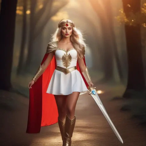 a woman in a white dress and red cape holding a sword