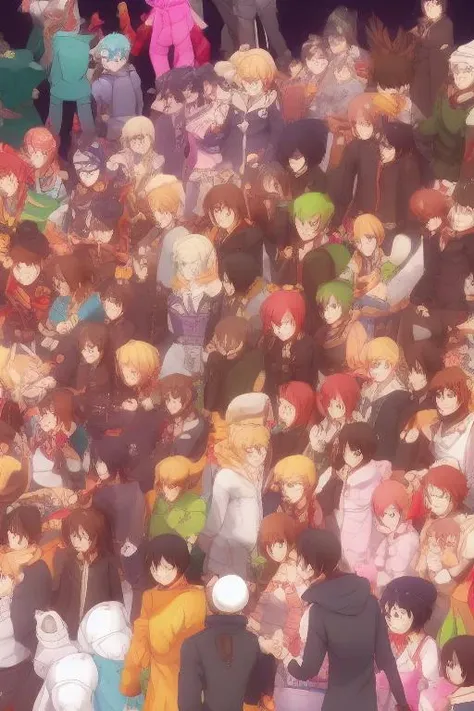 anime characters are standing in a crowd of people