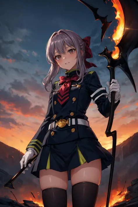 a woman in uniform holding a large scythe with a fire in her hand