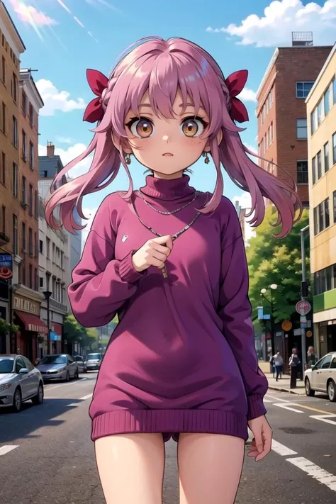 masterpiece, best quality, highres, aashinoa, hair bow, <lora:hiiragi_shinoa_v1:0.7>, street, night, standing, sweater dress, turtleneck, standing, cowboy shot, little, petite,  (cameltoe),, BREAK (masterpiece:1.2), best quality, high resolution, unity 8k ...