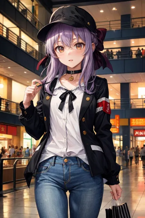 anime girl with purple hair and a black hat and a black purse