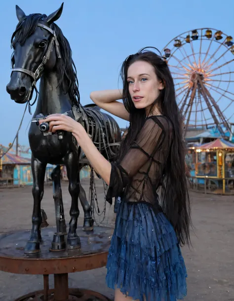 in the twilight of a deserted carnival, tiffany janzen, with her raven hair and piercing blue eyes, stands alone, capturing the ...