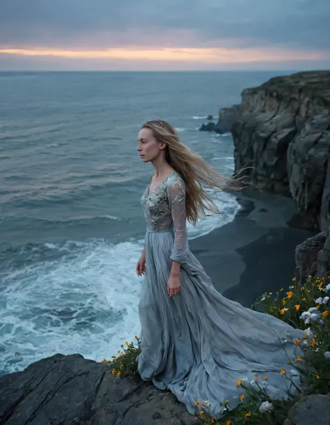 in the somber hues of twilight, a single girl, tiffany janzen, stands defiantly on a windswept cliff, her long hair whipping aro...