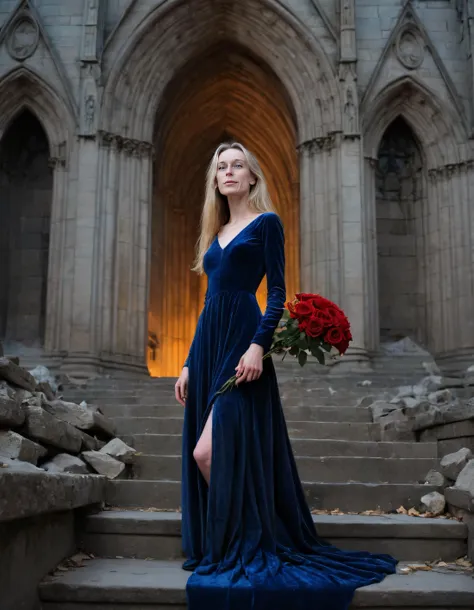 In the hauntingly beautiful tableau vivant, under the ethereal glow of a sunset, silhouetted against the towering, ancient stone walls of a crumbling Gothic cathedral, stands Tiffany Janzen, a solitary figure with long, cascading golden locks and piercing ...