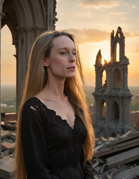 in the golden hour's ethereal glow, a solitary figure - tiffany janzen - stands atop crumbling gothic ruins, her long raven hair...