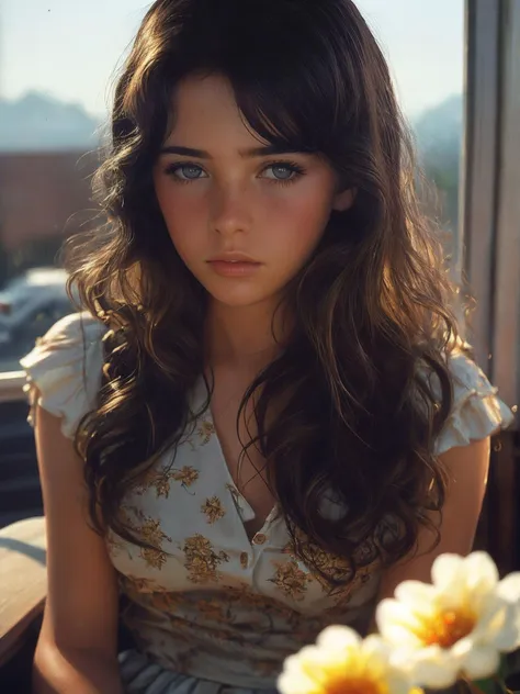 a close up of a woman sitting in a chair with a flower