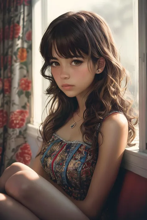 a close up of a woman sitting on a window sill