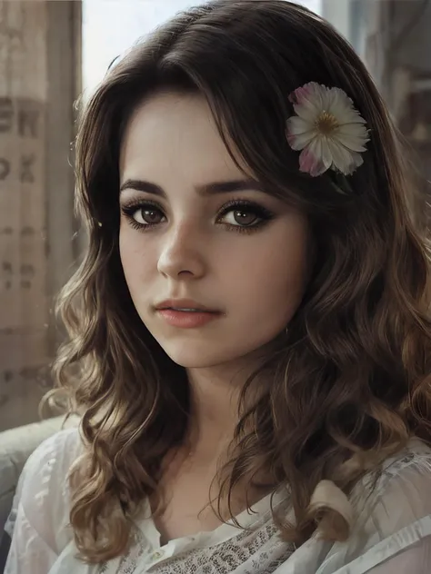 a close up of a woman with a flower in her hair