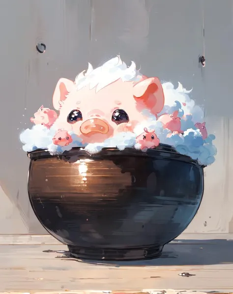 painting of a pig in a pot with soap bubbles