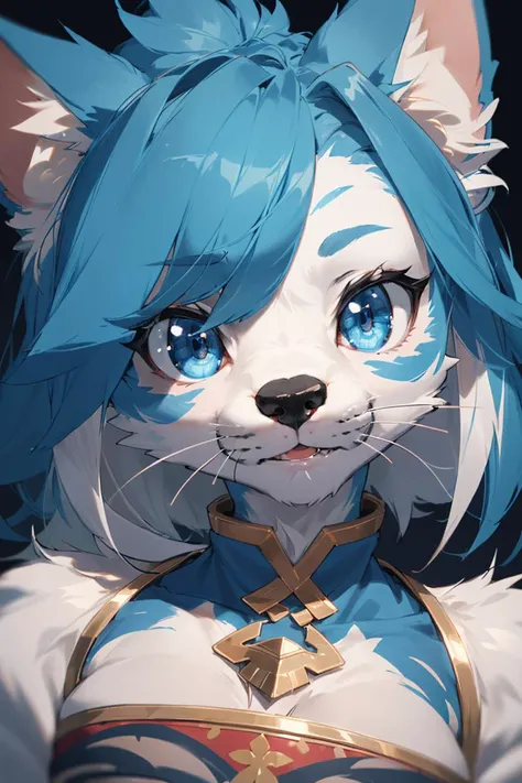 a close up of a cat with blue eyes and a blue dress