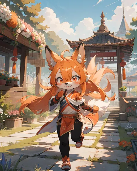 best hands,best quality,(masterpiece,ultra detailed 8k art),chibi, (Deformed,illustration:1.3),running,Fluffy,Anime style, (anthro, 1 girl,lopâeared furry girl,drooping ears dog),out door, chinese clothes,orange long hair, (orange drooping ears),(droopin...