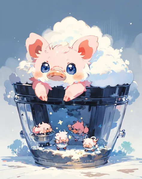 cartoon pig in a bucket with bubbles and sheeps