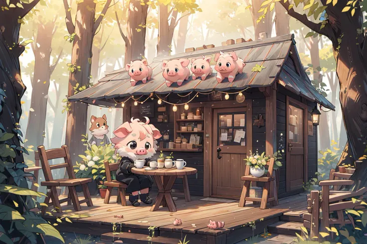 (masterpiece,ultra detailed 8k art),(pig nose,anthro:1.3),best quality, pig girl,pastel pink Medium hair,all black eyes,Simple black coat,(furry,fluffy:1.15),full body,defloration, (chibi:1.25),Black short boots,out door,forest, cafe,wood deck,wooden table...