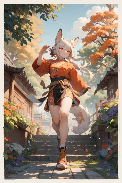 best hands,best quality,(masterpiece,ultra detailed 8k art,illustration),kung fu, (human face,human legs, 1 girl,drooping ears dog),out door, chinese clothes,orange long hair, (orange drooping ears),(drooping ears:1.2), orange tail, red eyes,flower garden,...