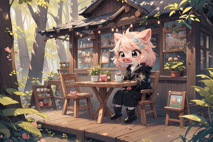 (masterpiece,ultra detailed 8k art),(pig nose,anthro:1.3),best quality, pig girl,pastel pink Medium hair,all black eyes,Simple black coat,(furry,fluffy:1.15),full body,defloration, (chibi:1.25),Black short boots,out door,forest, cafe,wood deck,wooden table...