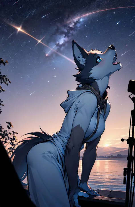 Wolf furry girl
 wearing shrug,
cowboy shot, (looking at viewer, looking back, (look up:1.2), (from side:1.2), (from above:1), face focus, (leaning forward:1.3), (arms behind back),,
 Astronomy observatory
slanted eyes