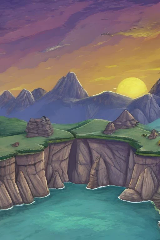 a cartoon scene of a mountain lake with a cliff and a mountain range