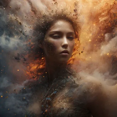 a woman with a fire and smoke cloud in her hair