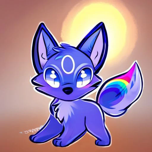 a drawing of a blue fox with a rainbow tail