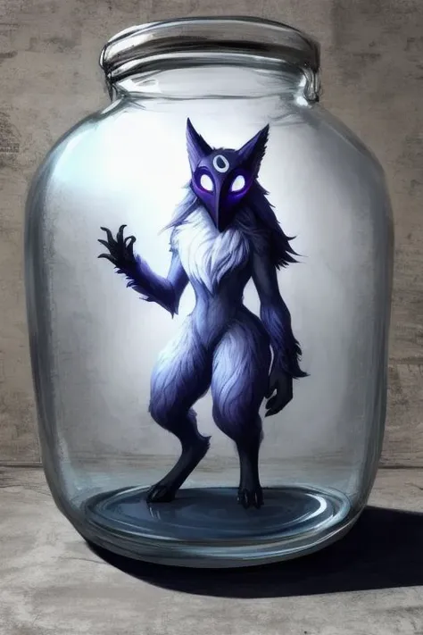 a close up of a glass jar with a cartoon cat inside