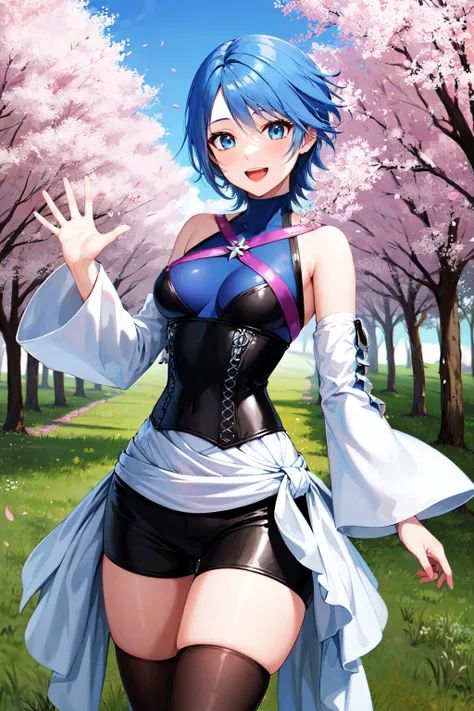 masterpiece, best quality, highres, aaaqua, short hair, blue hair, blue eyes, medium breasts, turtleneck, harness, blue shirt, detached sleeves, corset, black shorts, waist cape, black thighhighs, <lora:aqua_(kingdom_heart)_v1:0.7>, smile, open mouth, wavi...