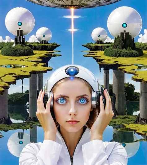 arafed image of a woman with headphones and a spaceship in the background