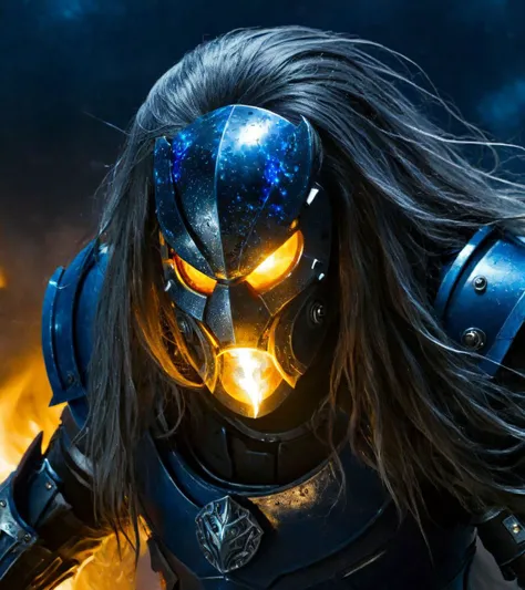 SyFyEyeHorror1, grey background, galaxy, long hair, yellow eyes, blue background, city lights, closed mouth, fire, short sleeves, armor,  <lora:SyFyEyeHorror1_XL_v1.0:1>