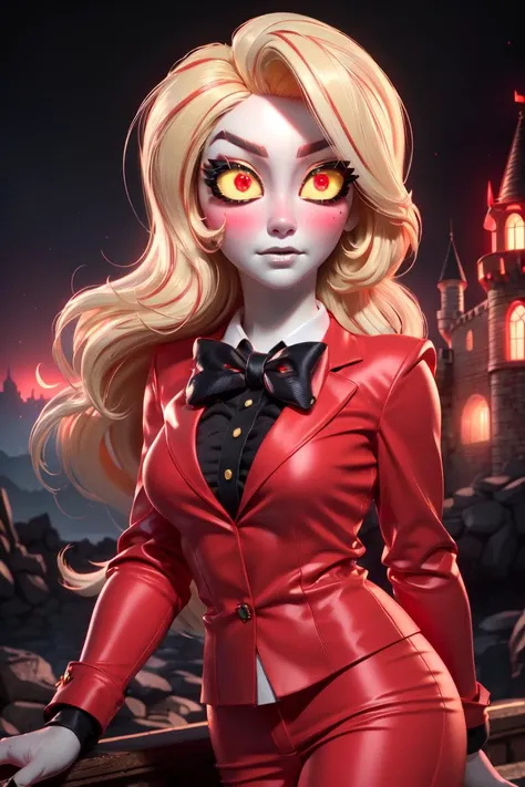 (charlie morningstar:1.2), (blonde hair, white skin, red blush, yellow sclera, red iris:1.5), long hair, (business suit, red suit, red pants, black bowtie:1.5), tall, slim, (dark hell themed background, hell, hell background, castle in hell, castle:1.2), r...