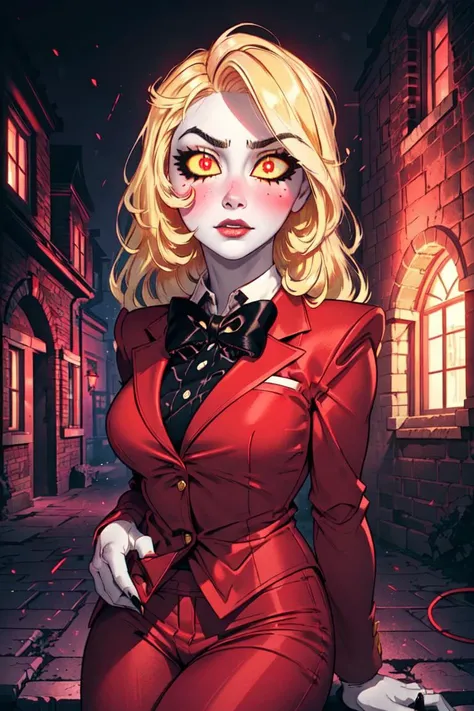 (charlie morningstar:1.2), (blonde hair, white skin, red blush, yellow sclera, red iris:1.5), long hair, (business suit, red suit, red pants, black bowtie:1.5), tall, slim, (dark hell themed background, hell, hell background, castle in hell, castle:1.2), r...