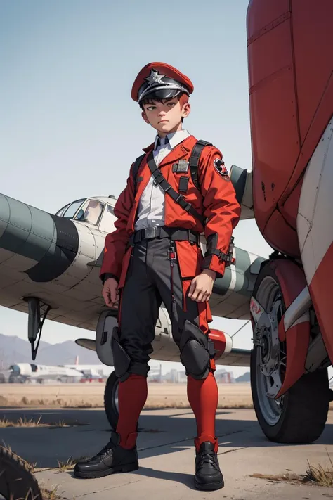 arafed man in uniform standing next to a plane on a runway