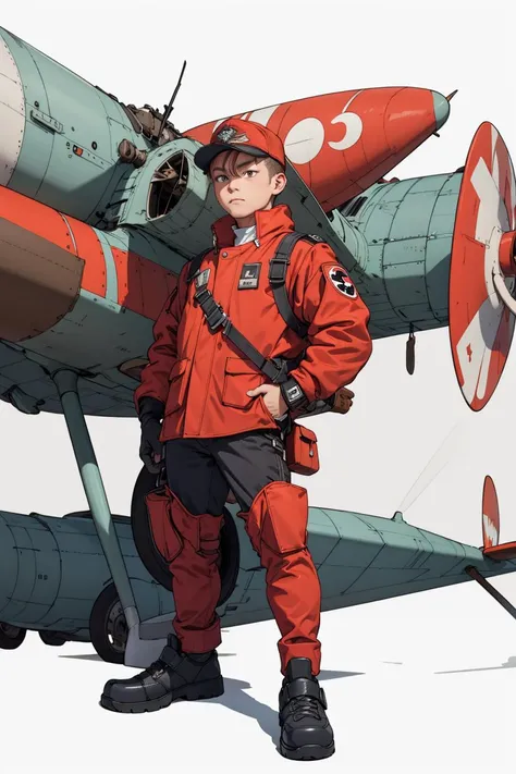 anime character standing in front of a plane with a backpack on