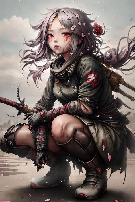 (masterpiece:1.3), an anime painting of a squatting samurai girl with a sword and armor on a dirty surface with pink flower petals falling all around her, full body portrait of beautiful girl by AIDA_ColGruBioMec, her hair and rugged clothes blowing in the...