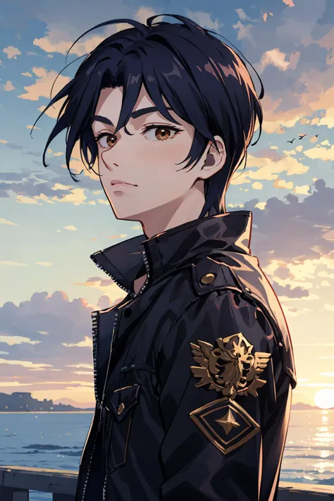 (masterpiece, high quality, highres:1),1boy,solo,<lora:fkmt-wasabiya:1>,fkmt,male focus,(brown eyes , blue hair ),face,sunset,