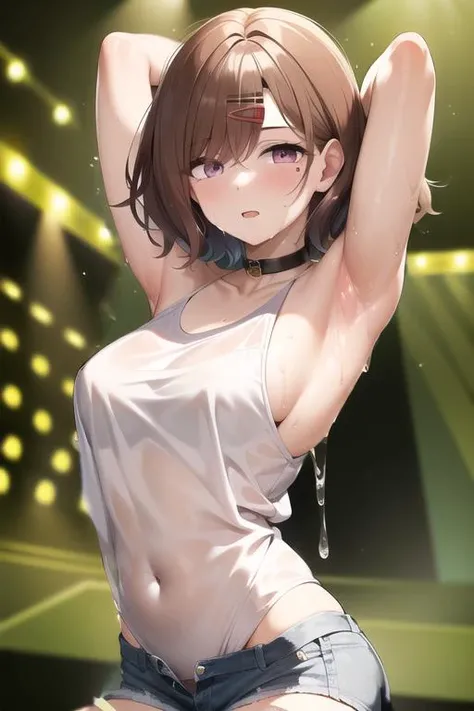 best quality, highres, 1girl, higuchi madoka, brown hair, mole under eye, hair ornament, hairclip, short hair, bangs, purple eyes,solo, bare shoulders, see-through, wet, sweat , stage, colorful lights <lora:higuchiMadokaTHEIdolm_v1:0.6>