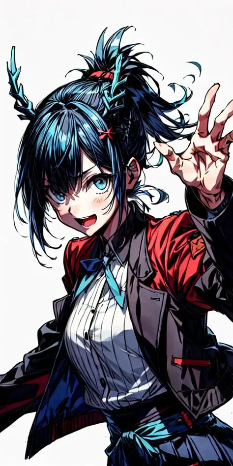 hitosiro ituki,<lyco:hitosiro ituki:0.7>,1girl, solo, virtual youtuber, blue eyes, blue hair,jacket, waving, skirt, open mouth, smile, black jacket, white background, ponytail, looking at viewer, leaning forward, bangs<lora:flat2:-1>,