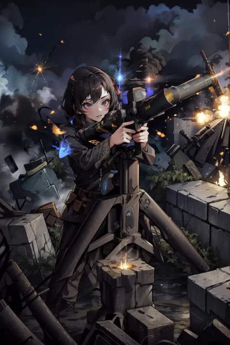 anime girl with gun and machine gun in a ruined city