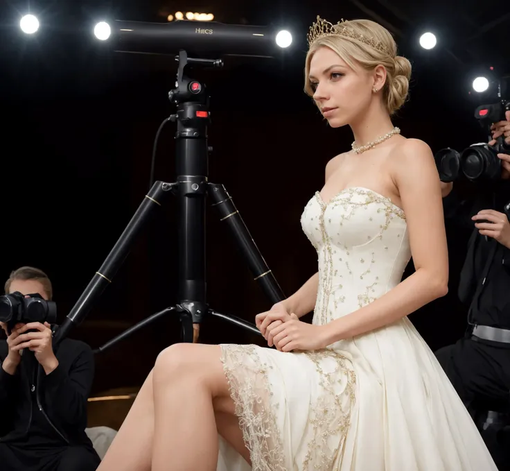 arafed woman in a white dress sitting on a chair with a camera