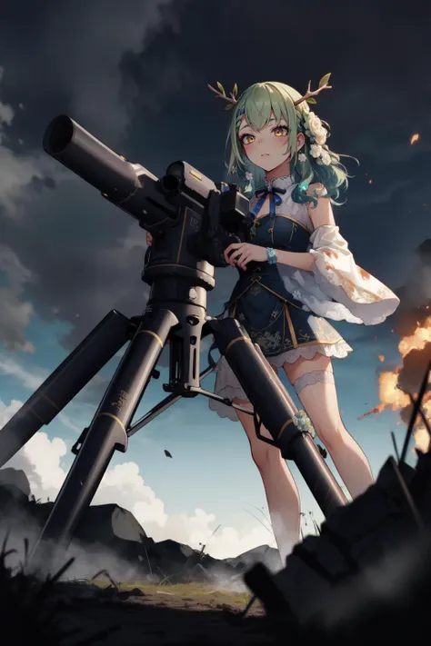 a woman in a short dress standing next to a machine gun