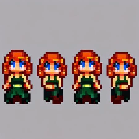 three pixel pixel art of a girl with red hair and green dress