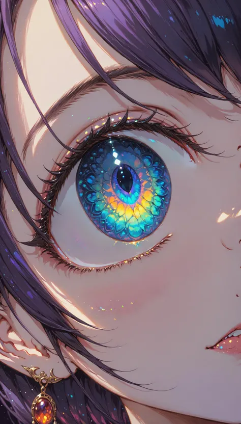 anime girl with blue eyes and purple hair with a rainbow eye