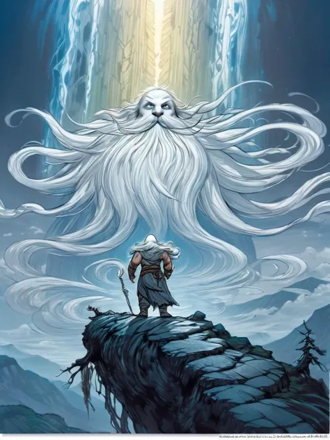 a man with long white hair and beard standing on top of a mountain