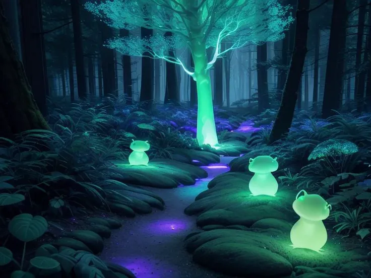 there are three bears sitting on rocks in a forest at night