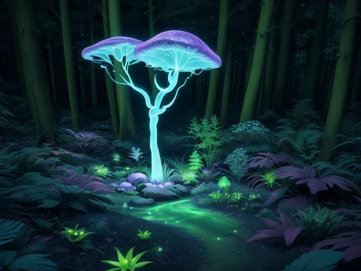 a close up of a mushroom tree in a forest with a stream of water