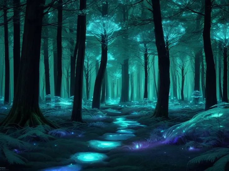 a forest with glowing lights and trees in the middle