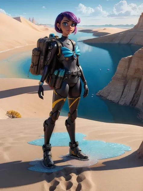 a woman in a black and purple outfit standing on a desert