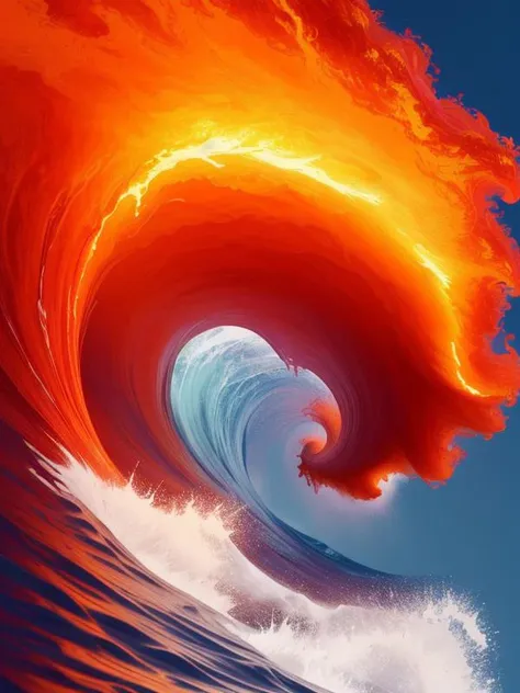 a large orange wave is breaking into the ocean