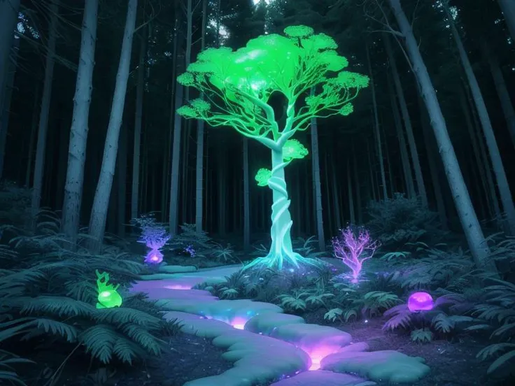 a close up of a tree with glowing lights in a forest