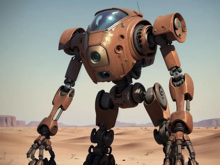 a close up of a robot standing in a desert area