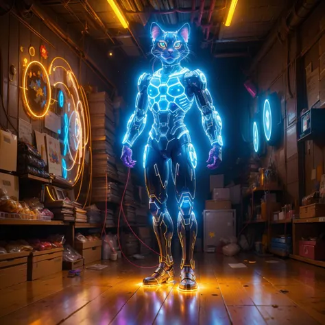 a man in a suit standing in a room with neon lights